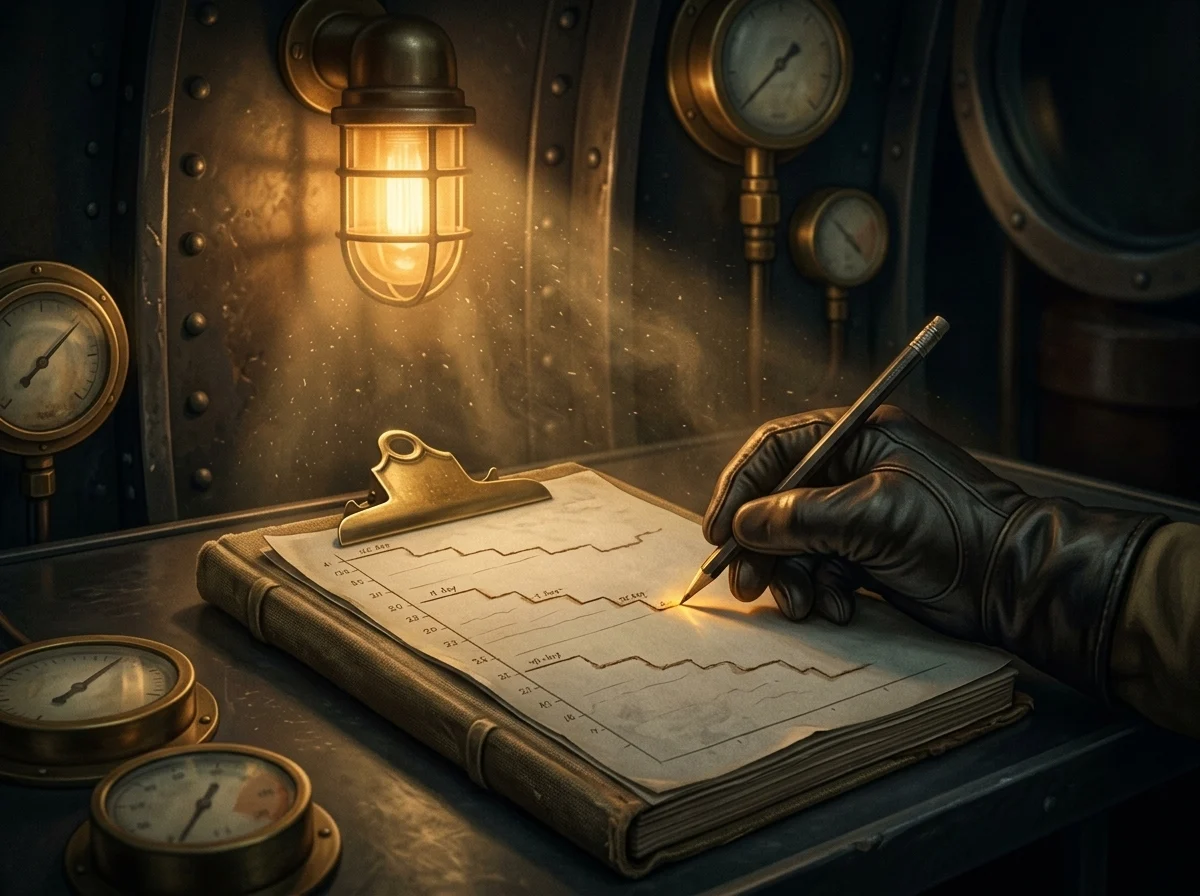 A gloved hand pencilling an entry in the dive log
